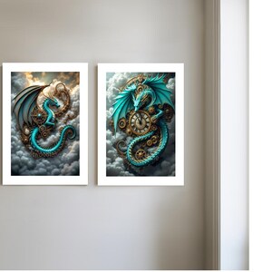 May include: Two framed prints of a blue and gold steampunk dragon with clockwork gears. The dragon is flying in the clouds.