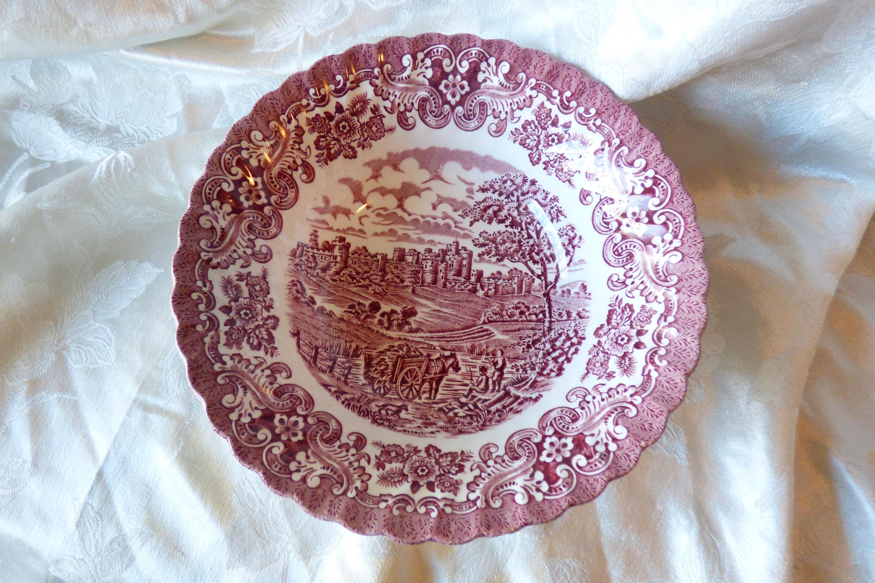 Red Transferware - Olde country Castles by Hostess Tableware, England -  9" salad or vegetable serving bowl