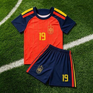 Peut inclure: Un ensemble de football composé d'un maillot rouge à manches courtes avec de fines rayures verticales jaunes, des manches bleu marine avec des bordures jaunes et le numéro 19 en jaune. Le short bleu marine assorti présente des bordures jaunes.