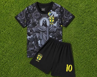 Conjunto de fútbol infantil Neymar Jr Cristo Redentor Brasil, uniforme de fútbol de 2 piezas para niños pequeños y jóvenes, regalo para aficionados de Brasil para niños, tallas 16-30.