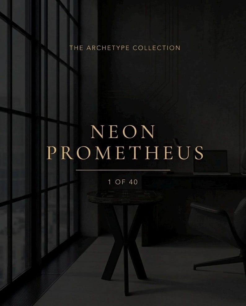 May include: A dark room featuring a round table with an X-shaped base. Text on the image reads THE ARCHETYPE COLLECTION, NEON PROMETHEUS, and 1 OF 40. A large window with a black grid frame is on the left, and a desk with a chair is in the background.