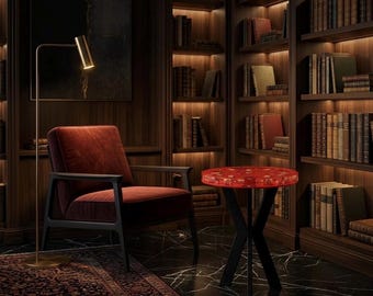 Velvet Hour Epoxy Side Table | Embedded Red Petals, Wood Bark Accent Table