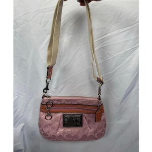 Puede incluir: Un bolso bandolera de color rosa claro con un patrón de logotipo repetido, una correa de tela beige y una placa metálica rectangular en la parte frontal. El bolso incluye un cierre de cremallera, ribetes de cuero beige y dos anillos metálicos.
