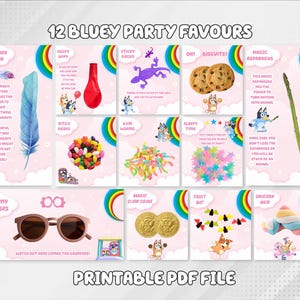 May include: A printable PDF file featuring 12 Bluey party favors with pink backgrounds and rainbow accents. Items include a feather wand, red balloon, purple sticky gecko, chocolate chip cookies, jelly beans, gummy worms, star stickers, asparagus, glasses, gold coins, fruit bat cutouts, and a marshmallow.
