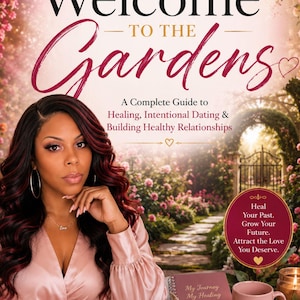 May include: A book cover titled Life Happens with Strawberry Red Welcome to the Gardens. It features a person with long dark hair with red highlights, a pink satin top, a notebook, a pink mug, and a garden background with pink roses.