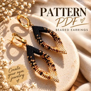 May include: A pair of beaded earrings featuring a marquise-shaped design with a gradient of black, bronze, and gold beads, attached to gold-tone metal hoops. The text reads PATTERN PDF BEADED EARRINGS and Create your own jewelry.