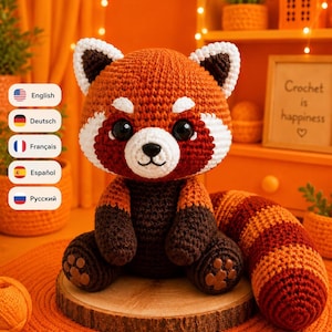 May include: A crocheted red panda plush toy with a round head, large black eyes, and a white muzzle. The body is dark brown with a long, striped tail in shades of orange and dark red. The ears are pointed with white accents, and the feet feature small brown paw pads.