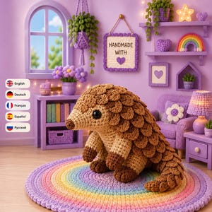 May include: A crocheted pangolin toy with brown layered scales and a tan underbelly, positioned on a circular rainbow-colored rug. The pangolin has dark eyes and a curved tail, crafted with visible yarn stitches in a detailed, textured pattern.