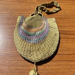 Antique 1920s Crochet Purse, Olive Green Ring Bag Art Deco Miser Purse, Pastel Shell Knit Dance Pouch Reticule with Tassel