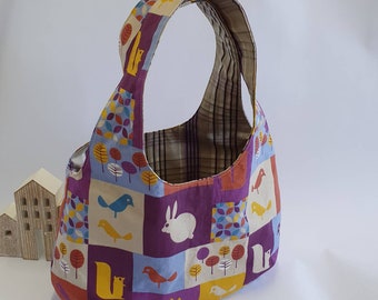 Tote Bag, Reversible Bag, Medium Size Tote Bag, Little Fellows in Forest, Rabbit Print, Bird Print, Cotton Print Bag