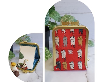 Compact Mirror, Mirror Purse, Makeup Mirror, Birthday Gift, Gamaguchi, Mirror Case, Christmas Gift, Gift for Her, Gift for Cat Lover