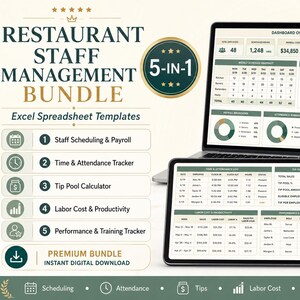 Pode incluir: Um pacote de modelos de planilha Excel 5 em 1 para gestão de equipe de restaurante exibido na tela de um laptop e tablet. A interface digital apresenta painéis para agendamento de pessoal, folha de pagamento e rastreamento de tempo.