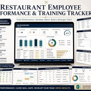 Pode incluir: Uma pasta de trabalho digital do Excel para rastreamento de desempenho e treinamento de funcionários de restaurante exibida em uma tela de laptop, com painel de RH, avaliações, matriz de habilidades e registros de treinamento.