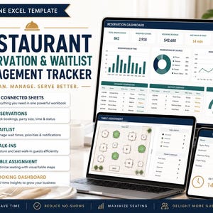 May include: An all-in-one Excel template for restaurant reservation and waitlist management. The display shows a dashboard with booking revenue, reservation charts, a table assignment map, and a waitlist tracker on laptop and mobile screens.