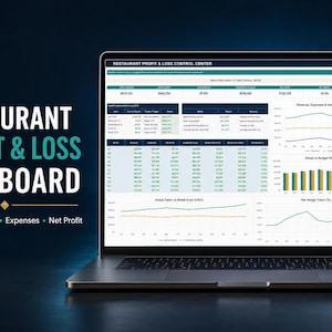 May include: A laptop displaying a Restaurant Profit & Loss Dashboard with financial data, including tables for profit management alerts and various line and bar charts tracking revenue, expenses, net profit, and break-even points in USD.