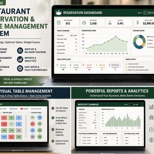 May include: A digital restaurant reservation and table management system displayed on laptop screens. The interface features a reservation dashboard, visual table maps with drag-and-drop status, and monthly summary reports with analytics and charts.