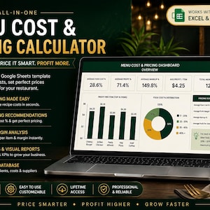 May include: A laptop displaying a Menu Cost & Pricing Calculator dashboard with charts and data tables. The screen shows profit margins, food cost percentages, and pricing summaries. Text includes "All-in-One Menu Cost & Pricing Calculator" and "Works with Excel & Google Sheets" with icons for recipe costing and profit analysis.