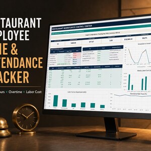 Puede incluir: Un monitor de computadora muestra un panel de control Restaurant Workforce Control Center con tablas y gráficos. A la izquierda, el texto dice Restaurant Employee Time & Attendance Tracker, Shifts, Hours, Overtime, Labor Cost. Una campana y un reloj de latón están cerca.