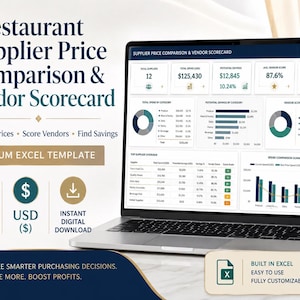 Puede incluir: Una pantalla de portátil que muestra una plantilla de Excel para comparación de precios de proveedores de restaurantes y puntuación de vendedores. El panel incluye tablas de datos, gráficos y métricas de análisis, con 19 hojas.