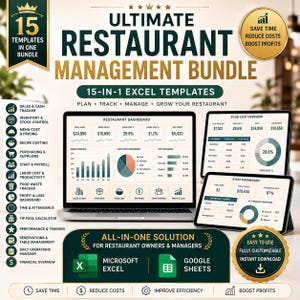 Könnte beinhalten: Ein digitales Paket mit 15 Excel-Vorlagen für das Restaurantmanagement, bestehend aus einem Laptop und einem Tablet mit Daten-Dashboards. Der Text umfasst Ultimate Restaurant Management Bundle und 15-in-1 Excel Templates.