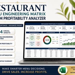 Restaurant Menu Engineering Spreadsheet | Profitability Matrix, Food Cost, Sales Mix & Price Optimization Excel