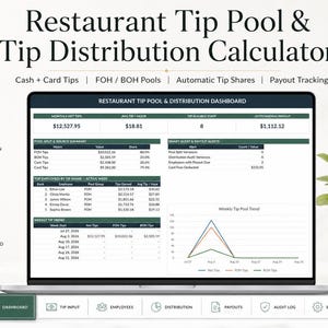 May include: A digital restaurant tip pool and distribution calculator dashboard displayed on a laptop screen. The interface features sections for monthly net tips, average tips per hour, staff counts, and outstanding payouts, alongside charts and tables.