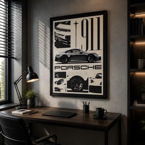 May include: A framed wall poster featuring a black and white graphic design of a Porsche 911. The artwork displays the car from multiple angles, including a side profile, rear view, and close-ups of the wheel and headlight, with the text 911 and PORSCHE.