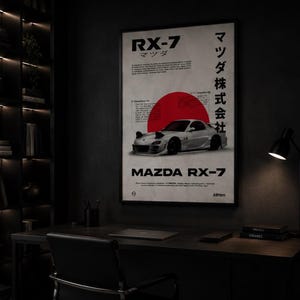 May include: A vertical wall poster featuring a silver Mazda RX-7 sports car centered below a large red circle. The design includes black text reading RX-7, Mazda RX-7, and Japanese characters, along with technical specifications and descriptive blocks.