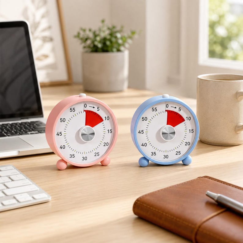 May include: Two round analog visual timers, one in pastel pink and one in light blue, featuring a white face with black minute markings from 0 to 55, a central silver knob, and a red wedge indicating elapsed time, each supported by two small feet.