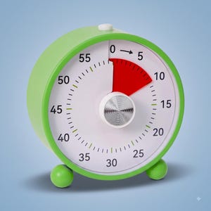 May include: A round lime green analog visual timer with a white face, black numerals from 0 to 55, and a red disk indicating elapsed time. A silver circular knob is centered on the face, and a small white button is located on the top edge.