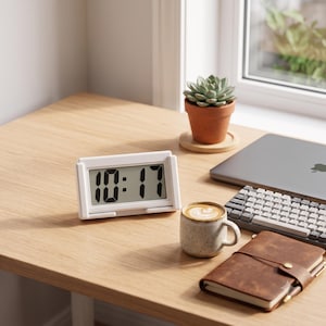 May include: A white rectangular digital clock with a clear LCD screen displaying the time 10:17 in bold black digits. The clock features a simple frame design and is positioned on a flat surface, showing a clean and functional aesthetic.