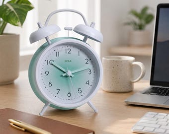 Cute Metal Alarm Clock Battery Powered for Bedside, Desk & Home Office Decor