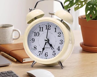 Vintage Double Bell Alarm Clock Silent Quartz Desk Clock for Bedroom Study Room Decor