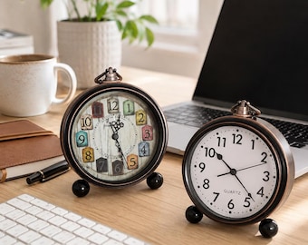 Vintage Metal Alarm Clock, Retro Silent Analog Bedside Desk Clock for Students