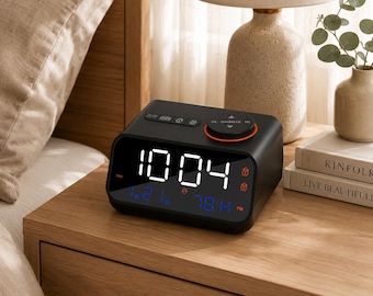 FM Radio LED Alarm Clock with Temperature, Humidity Display and Calendar for Bedside Desk