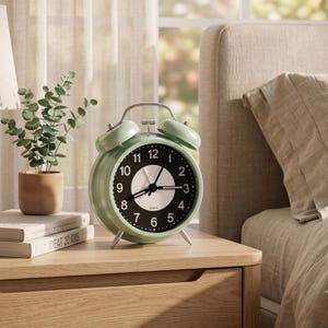 May include: A sage green twin-bell alarm clock with a black face and white numerals. The clock features a central white circle, silver-toned hands, and a silver handle and feet. The word QUARTZ is printed in small black letters on the clock face.