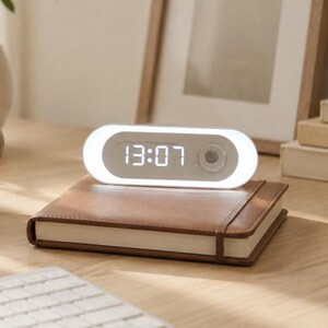 May include: A white, oval-shaped digital clock with a glowing light border and a central display showing the time 13:07 in white LED digits. The device features a circular sensor on the right side and rests on a brown, rectangular notebook.