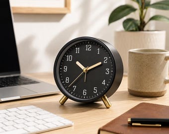 Silent Metal Alarm Clock with Non-Ticking Quartz Movement for Bedroom & Desk