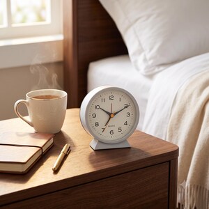 May include: A round white analog quartz alarm clock with a cream-colored face, black numerals, and black hour and minute hands. The clock features a thin orange second hand and is positioned on a flat base, displaying the word QUARTZ on the dial.