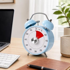 May include: A light blue analog visual timer with a round face, featuring a white dial with black numbers from 0 to 55 and a red segment indicating elapsed time. The timer has a silver central knob, two top bells, and four small silver feet.