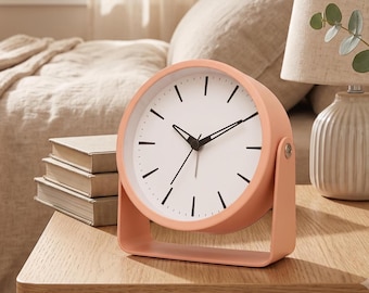 Silent Rotating Metal Quartz Alarm Clock Modern Bedside Desk Clock