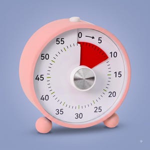 May include: A round, light pink visual timer with a white face, black numerals from 0 to 55, and a central silver knob. A red wedge indicates the elapsed time between 0 and 10 minutes. The device features two small, round, light pink feet.