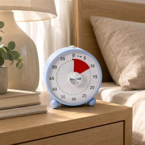 Könnte beinhalten: Ein runder, hellblauer visueller Timer mit weißem Zifferblatt, schwarzen Zahlenmarkierungen von 0 bis 55 und einem silbernen Drehknopf in der Mitte. Ein rotes Segment zeigt die abgelaufene Zeit zwischen 0 und 5 Minuten an.