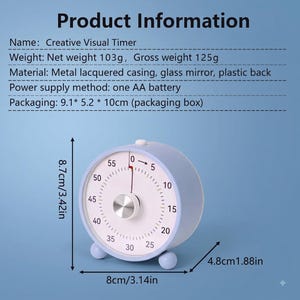 May include: A light blue visual timer with a white face, black numbers, and a red indicator hand. It features a central silver knob, two small round feet, and a top button. Dimensions are 8.7cm by 8cm by 4.8cm, or 3.42in by 3.14in by 1.88in.