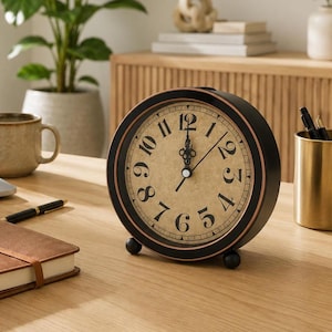 May include: A round analog table clock with a matte black frame and a copper-toned inner ring. The clock face features a textured, beige parchment-style background with black Arabic numerals and ornate black metal hands indicating the time.