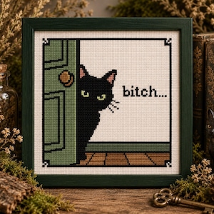 May include: A framed cross-stitch embroidery featuring a black cat peeking from behind a green door. The cat has yellow eyes and pink inner ears. The text "bitch..." is stitched in black thread on a white background above a brown floor.
