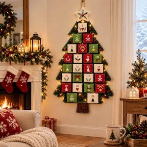 May include: A wall-hanging Christmas tree advent calendar made of green felt with twenty-four numbered pockets in red, white, and green. The tree is topped with a white star and decorated with small LED lights and red berry accents.