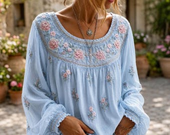 Boho Floral Embroidered Blouse | Cottage Core Peasant Top