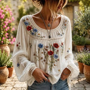 Boho-Bluse mit Blumenmuster, Damen-Bauernbluse, lockeres, lässiges Cottagecore-Langarmshirt