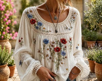 Boho-Bluse mit Blumenmuster, Damen-Bauernbluse, lockeres, lässiges Cottagecore-Langarmshirt